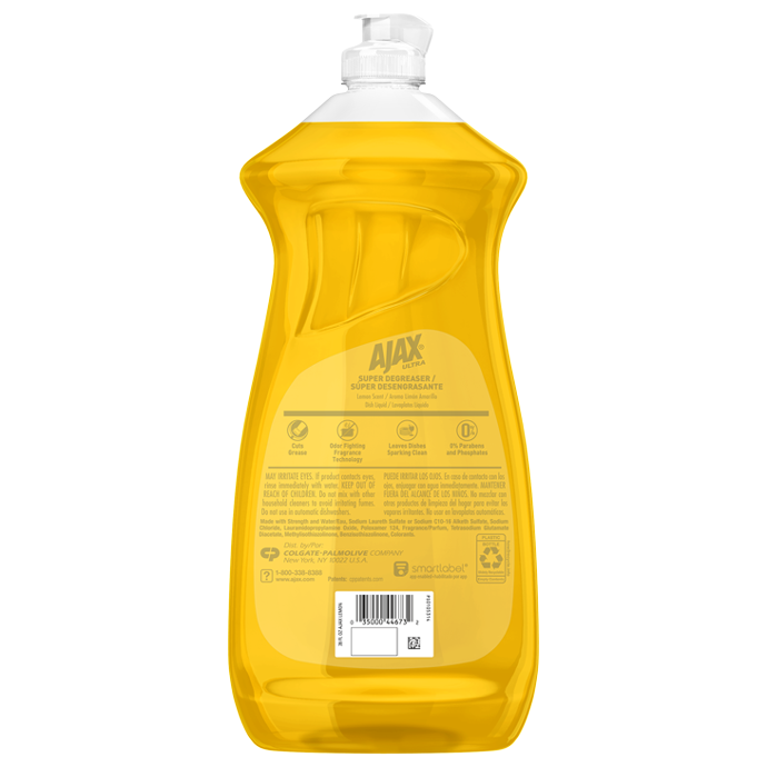  Back label of Ajax Ultra Super Degreaser Lemon Scent Dish Soap bottle showing product features, safety warnings, ingredients, usage instructions, and barcode.