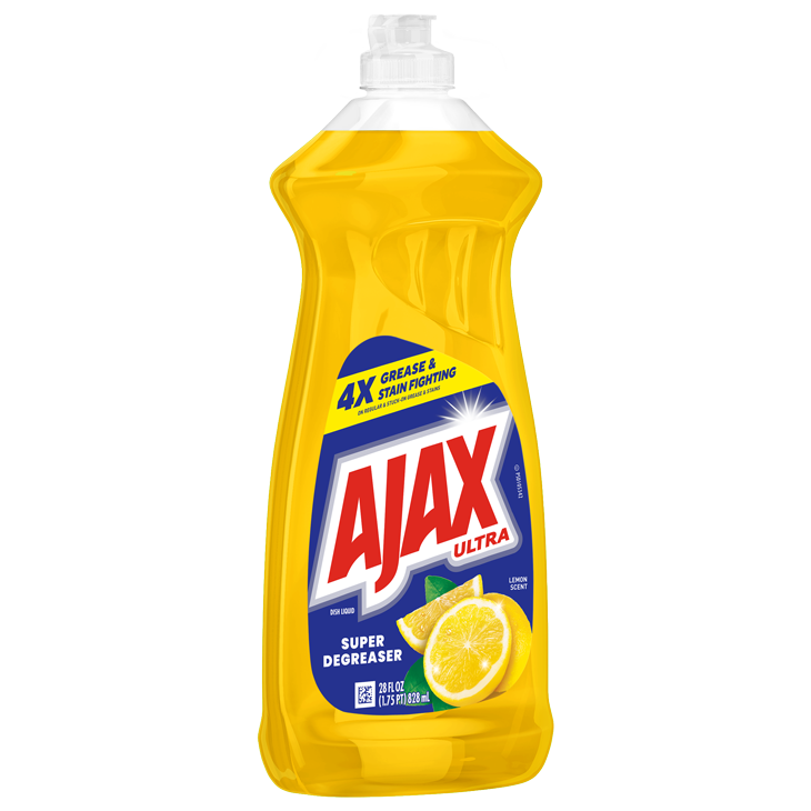Front of Ajax Ultra Super Degreaser Lemon Scent Dish Soap 28 fl oz bottle in yellow liquid, featuring "4X Grease & Stain Fighting" banner, Ajax logo, and fresh lemon slices.