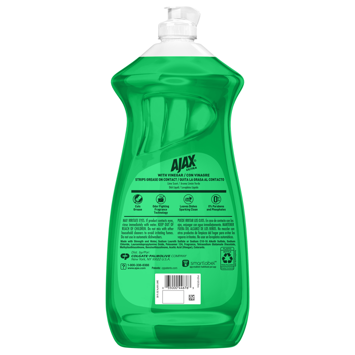 Back label of Ajax Ultra Lime Scent Dish Soap with Vinegar bottle showing product features, safety warnings, ingredients, usage instructions, and barcode.