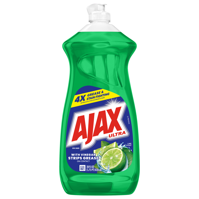 Front of Ajax Ultra Lime Scent Dish Soap with Vinegar 28 fl oz bottle in green liquid, featuring "4X Grease & Stain Fighting" banner, Ajax logo, and fresh lime slices.