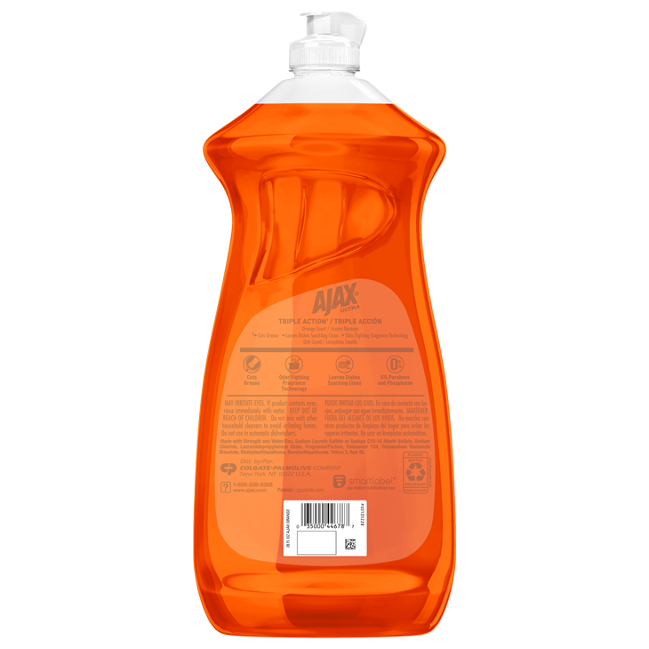 Back label of Ajax Ultra Triple Action Orange Scent Dish Soap bottle showing product features, safety warnings, ingredients, usage instructions, and barcode.