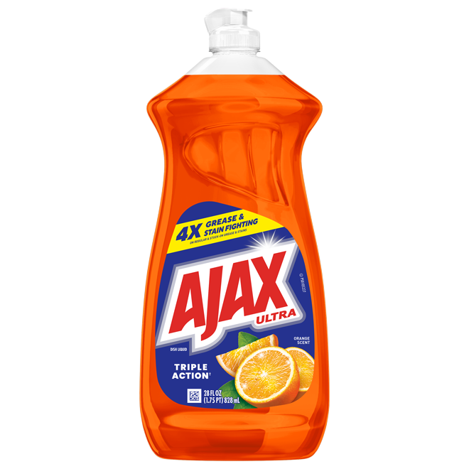 Front of Ajax Ultra Triple Action Orange Scent Dish Soap 28 fl oz bottle in orange liquid, featuring "4X Grease & Stain Fighting" banner, Ajax logo, and fresh orange slices.