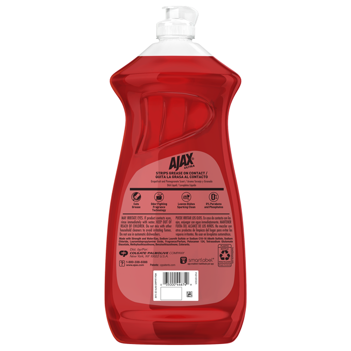 Back label of Ajax Ultra Grapefruit Scent Dish Soap bottle showing product features, safety warnings, ingredients, usage instructions, and barcode.