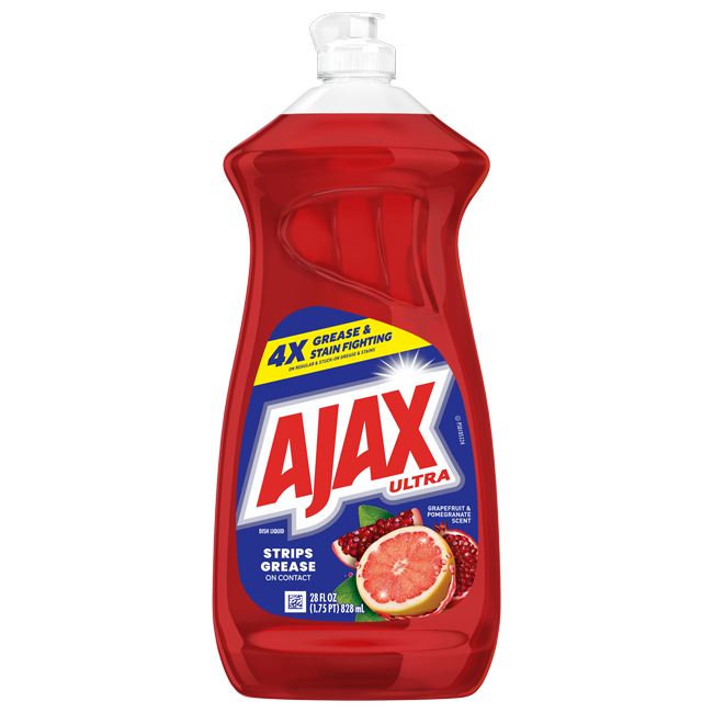 Front of Ajax Ultra Grapefruit Scent Dish Soap 28 fl oz bottle with red liquid, featuring "4X Grease & Stain Fighting" banner, Ajax logo, and sliced grapefruit.